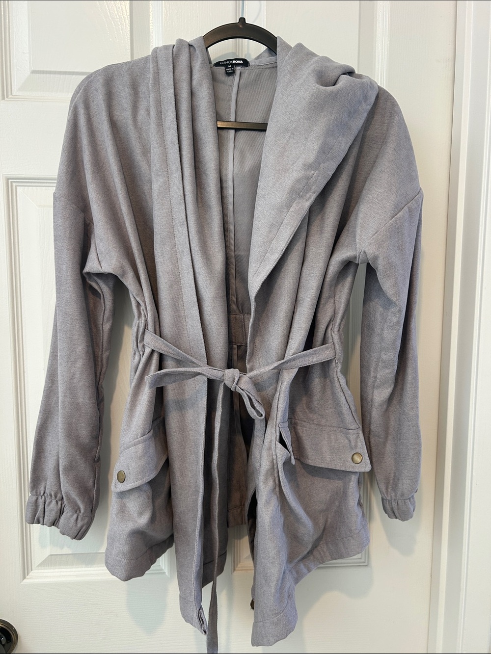 Fashion Nova Light Gray Hooded Belted Utility Jacket
